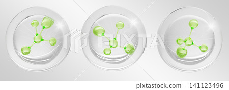 Green molecule in transparent liquid bubble 3d set. Organic natural cosmetic spheres, aloe vera gel drops, tea tree clear serum, herbal essence, cactus cream, olive oil for skin care. 3D illustration Green molecule in transparent liquid bubble 3d set. Organic natural cosmetic spheres, aloe vera gel drops, tea tree clear serum, herbal essence, cactus cream, olive oil for skin care. 3D illustration 141123496