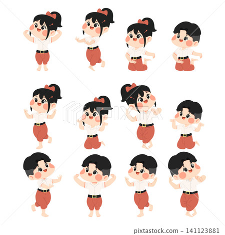 Student Boy and Girl Practicing Traditional Thai Dance Set Student Boy and Girl Practicing Traditional Thai Dance Set 141123881
