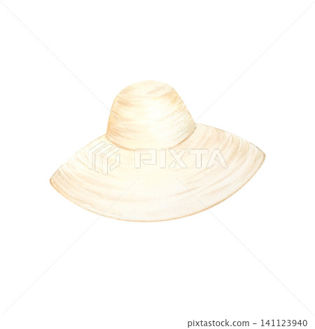 Watercolor illustration of a casual woven summer hat. A women's straw headdress for relaxing at the beach, on vacation, or on the weekend. This hand drawn, insulated sunhat provides sun protection. Watercolor illustration of a casual woven summer hat. A women's straw headdress for relaxing at the beach, on vacation, or on the weekend. This hand drawn, insulated sunhat provides sun protection. 141123940