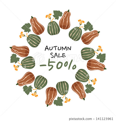 Autumn sale banner with minus fifty percent and long butternut squash wreath Autumn sale banner with minus fifty percent and long butternut squash wreath 141123961