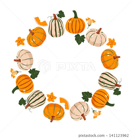 Round autumn wreath made of colorful pumpkins whole and sliced with flowers Round autumn wreath made of colorful pumpkins whole and sliced with flowers 141123962