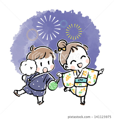 Children wearing yukata or jinbei go to watch fireworks. Children wearing yukata or jinbei go to watch fireworks. 141123975