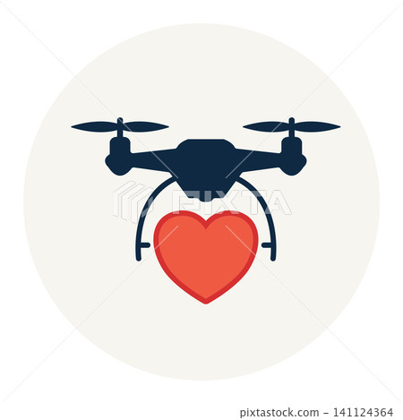 Flying quadcopter delivery drone carrying a big red heart symbol of emergency medical shipping care transport and love. Flying quadcopter delivery drone carrying a big red heart symbol of emergency medical shipping care transport and love. 141124364