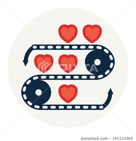 Automated conveyor belt moving red hearts symbol of continuous care love distribution logistics and charity workflow. Automated conveyor belt moving red hearts symbol of continuous care love distribution logistics and charity workflow. 141124365