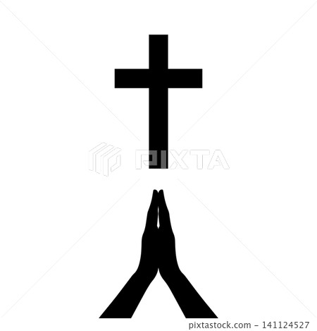 Hands folded in prayer at a religious cross Hand drawn. Not AI, vector illustration. Hands folded in prayer at a religious cross Hand drawn. Not AI, vector illustration. 141124527