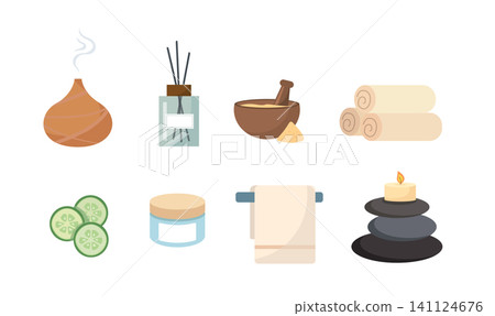 Spa and Wellness Icon Set with Aromatherapy and Beauty Products Collection Spa and Wellness Icon Set with Aromatherapy and Beauty Products Collection 141124676