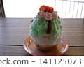 Shaved ice, mint green, with strawberry topping, indoors. 141125073