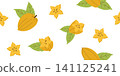Seamless pattern whole carambola and green leaves. Repeating pattern of yellow starfruit and star shaped pieces. Seamless background with exotic tropical fruit carambola 141125241