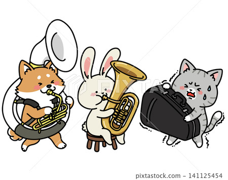 大號、低音號之類的大型樂器真麻煩。可愛的動物套裝。 大號、低音號之類的大型樂器真麻煩。可愛的動物套裝。 141125454