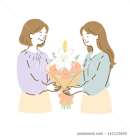 Two women presenting a bouquet of flowers: Illustration of people celebrating, saying goodbye, or expressing gratitude. Two women presenting a bouquet of flowers: Illustration of people celebrating, saying goodbye, or expressing gratitude. 141125650