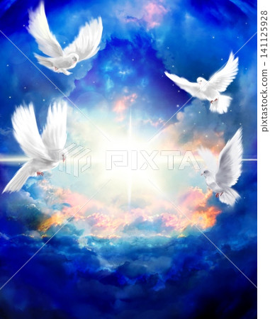 背景圖片描繪了一排通往天堂的雲梯、一片藍天,以及四隻白鴿在傾盆陽光的背景下飛翔。 背景圖片描繪了一排通往天堂的雲梯、一片藍天,以及四隻白鴿在傾盆陽光的背景下飛翔。 141125928
