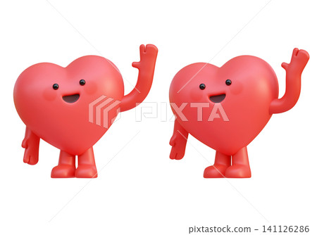 Cute 3D Heart Character Waving Hand with Friendly Smile Red Claymation Style Mascot Emotion Cute 3D Heart Character Waving Hand with Friendly Smile Red Claymation Style Mascot Emotion 141126286