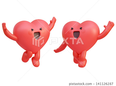 Cheerful 3D Heart Character Jumping for Joy and Celebrating with Both Hands Raised Red Cheerful 3D Heart Character Jumping for Joy and Celebrating with Both Hands Raised Red 141126287