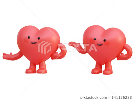 Friendly 3D Heart Character Presenting and Pointing to Side with Welcoming Smile Mascot Friendly 3D Heart Character Presenting and Pointing to Side with Welcoming Smile Mascot 141126288