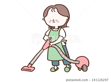 A woman (housewife) smiling as she vacuums and cleans her room. A woman (housewife) smiling as she vacuums and cleans her room. 141126297