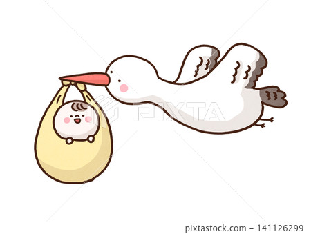 A stork carries its baby in a pouch using its beak (birth/birth) A stork carries its baby in a pouch using its beak (birth/birth) 141126299