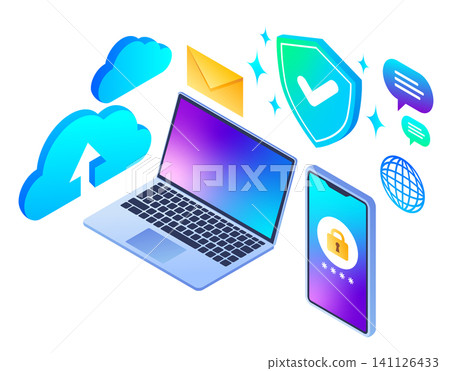 Computer and smartphone icons representing security. Computer and smartphone icons representing security. 141126433