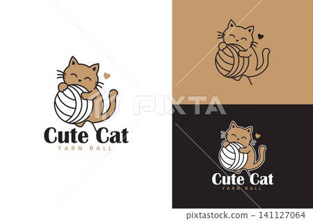 Cute Cat Hugging Yarn Ball Mascot Logo for Pet Shop and Handmade Brand Cute Cat Hugging Yarn Ball Mascot Logo for Pet Shop and Handmade Brand 141127064