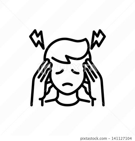 Headache, migraine, reduce stress: man touching temples. Thin line icon. Vector illustration. 141127104