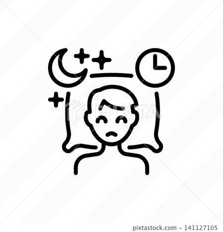 Insomnia, tired man lying on pillow, sleepless, depression, stress. Thin line icon. Vector illustration. Insomnia, tired man lying on pillow, sleepless, depression, stress. Thin line icon. Vector illustration. 141127105