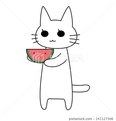 一隻可愛的白貓抱著西瓜──一幅夏日插畫。 141127306