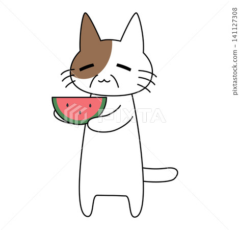 一幅可愛的夏季插畫，畫的是棕白相間的老年貓咪抱著西瓜。 141127308