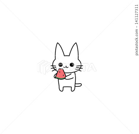 一幅可愛的夏日插畫，畫的是一隻抱著西瓜的小白貓。 141127311