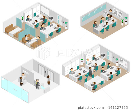 A set of isometric illustrations of various office floors. A set of isometric illustrations of various office floors. 141127533