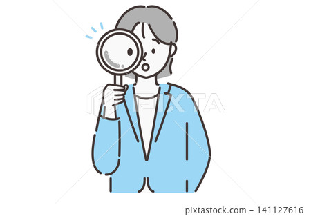A simple line drawing illustration of a businesswoman examining something with a magnifying glass. A simple line drawing illustration of a businesswoman examining something with a magnifying glass. 141127616