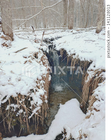 Snow and soil faults and flowing waterways appear in the winter Kushiro Marsh Snow and soil faults and flowing waterways appear in the winter Kushiro Marsh 141128013