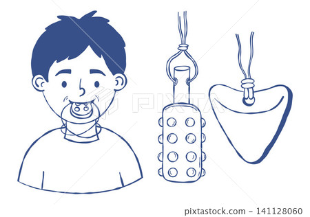 Sensory Chew Necklace Set with Chewing Boy. Oral Motor Therapy Chewelry Pendant. Isolated Hand Drawn. Child with Tactile Fidget Toy for Autism, Self-Regulation and Anxiety Relief. Vector Illustration. Sensory Chew Necklace Set with Chewing Boy. Oral Motor Therapy Chewelry Pendant. Isolated Hand Drawn. Child with Tactile Fidget Toy for Autism, Self-Regulation and Anxiety Relief. Vector Illustration. 141128060