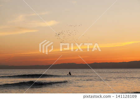 Shonan Kugenuma Beach: Evening sky and flock of birds Shonan Kugenuma Beach: Evening sky and flock of birds 141128109