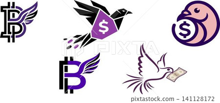 Financial bird logo set with bitcoin and dollar symbols, 5 vector icons of flying birds and currency, purple and black crypto finance branding elements	 141128172