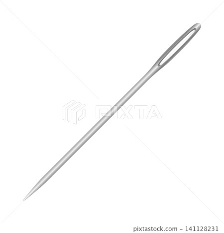 Sewing needle, with pointed tip, and round hole to hold thread, used for hand-sewing. Long slender tool made of carbon steel wire, with sharp tip and round eye to hold sewing thread. Isolated. Vector Sewing needle, with pointed tip, and round hole to hold thread, used for hand-sewing. Long slender tool made of carbon steel wire, with sharp tip and round eye to hold sewing thread. Isolated. Vector 141128231