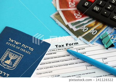 Israel new shekels money with passport and tax form on flag. The current Israel money and blank Israel new shekels money with passport and tax form on flag. The current Israel money and blank 141128322