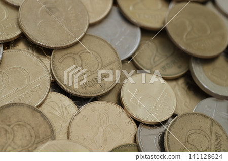 Many Hungarian forint coins in big pile. Forint is a Hungarian currency instead euro 141128624