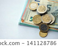 Eurozone euro money bills and cent coins pile on table. Eurozone coins on banknotes of EUR currency 141128786