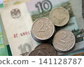 Russian ruble money bills and kopek coins pile on table. Russian coins on banknotes of RUB currency 141128787