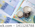 Swiss franc money bills and cent coins pile on table. Switzerland coins on banknotes of CHF currency 141128788