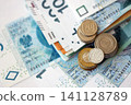 Polish zloty money bills and grosz coins pile on table. Poland coins on banknotes of PLN currency 141128789