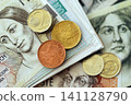 Czech koruna money bills and haler coins pile on table. Czech Republic banknotes of CZK currency 141128790