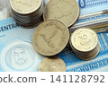 UAE dirham money bills and fils coins pile. United Arab Emirates coins on banknotes of AED currency 141128792