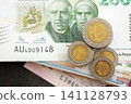 Mexican peso money bills and centavo coins pile on table. Mexico coins on banknotes of MXN currency 141128793