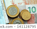 Brazilian real money bills and centavo coins pile. Brazil coins on banknotes of BRL currency 141128795