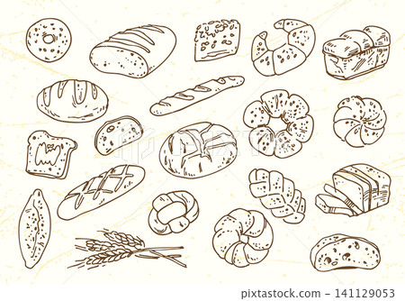 Hand-drawn bakery collection featuring various breads, buns, rolls, baguettes, toast. Vintage sketch Hand-drawn bakery collection featuring various breads, buns, rolls, baguettes, toast. Vintage sketch 141129053