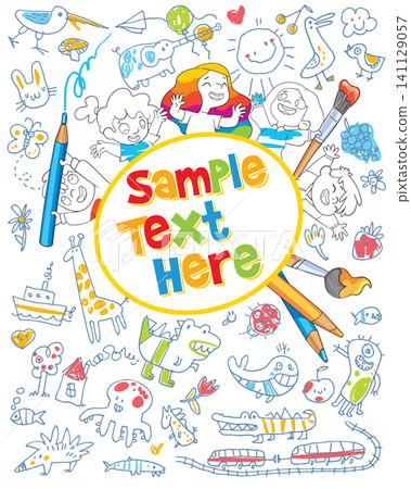 Cute children cover template with colorful doodles, happy kids, animals, and drawing tools Cute children cover template with colorful doodles, happy kids, animals, and drawing tools 141129057