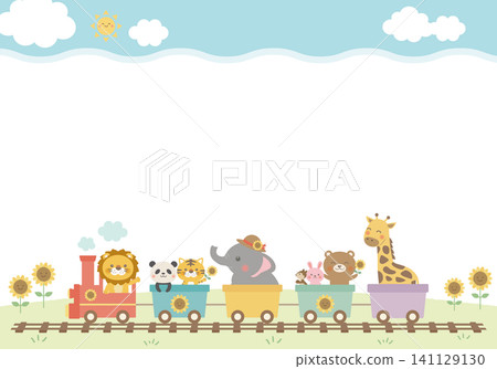[Vector] Cloud frame and sunflower animal train - Cute summer background illustration (landscape) 141129130