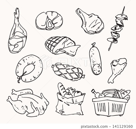 Hand-drawn meat and grocery collection. Vintage sketch style butcher and market illustration set Hand-drawn meat and grocery collection. Vintage sketch style butcher and market illustration set 141129160