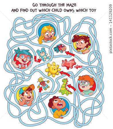 Kids maze puzzle with children and toys, educational logic game Kids maze puzzle with children and toys, educational logic game 141129209
