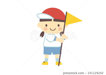 一個穿著運動服、戴著紅白帽子、拿著旗幟的可愛女孩。 一個穿著運動服、戴著紅白帽子、拿著旗幟的可愛女孩。 141129242